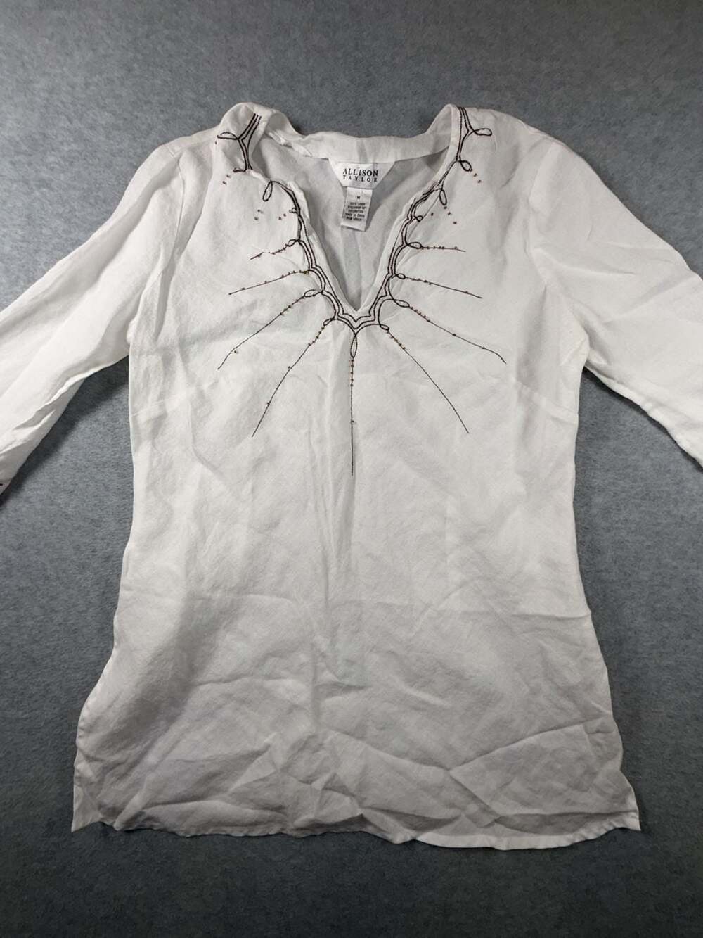 Allison Taylor Women's White 100% Linen V-Neck Tunic Blouse w/Bead Embellishment